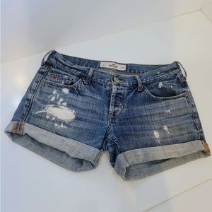 HOLLISTER Denim Shorts. Folded cuff. Distressed/Destroyed. EUC. Size 3. 26 waist